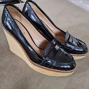 YSL Black Patent Leather Wedge Loafers